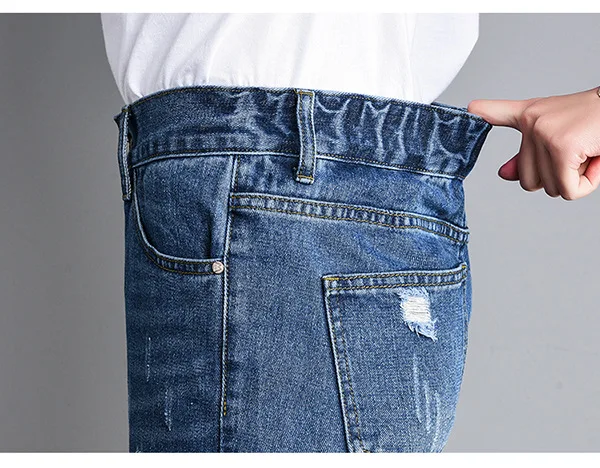 Корейские modsh Большие размеры джинсы с высокой талией женские повседневные укороченные рваные джинсы для мам широкие женские джинсовые