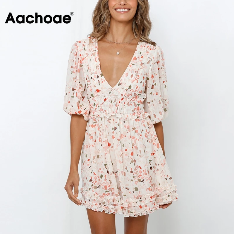 Aachoae Summer Print Mini Dress Women Sexy Deep V Neck Pleated Dresses Lantern Sleeve Beach Chiffon Dress Sundress Robe Femme Aachoae Summer Print Mini Dress Women Sexy Deep V Neck Pleated Dresses Lantern Sleeve Beach Chiffon Dress Sundress Robe Femme