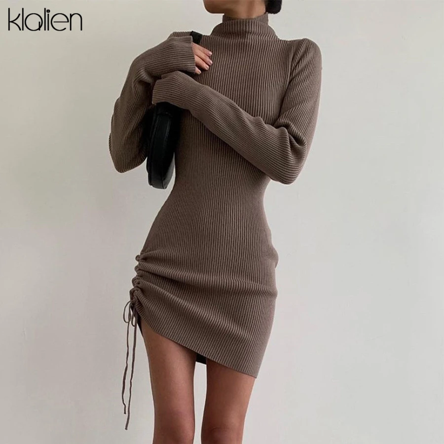 KLALIEN Autumn New Sweater Dress Women Long Sleeve Turtleneck Knit Solid Slim Drawstring Bodycon Dress Thicken Warm Streetwear homecoming dresses
