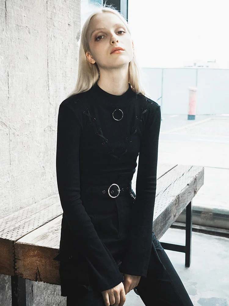 Панк рейв Готический уход машина тонкая футболка Женская водолазка свитер