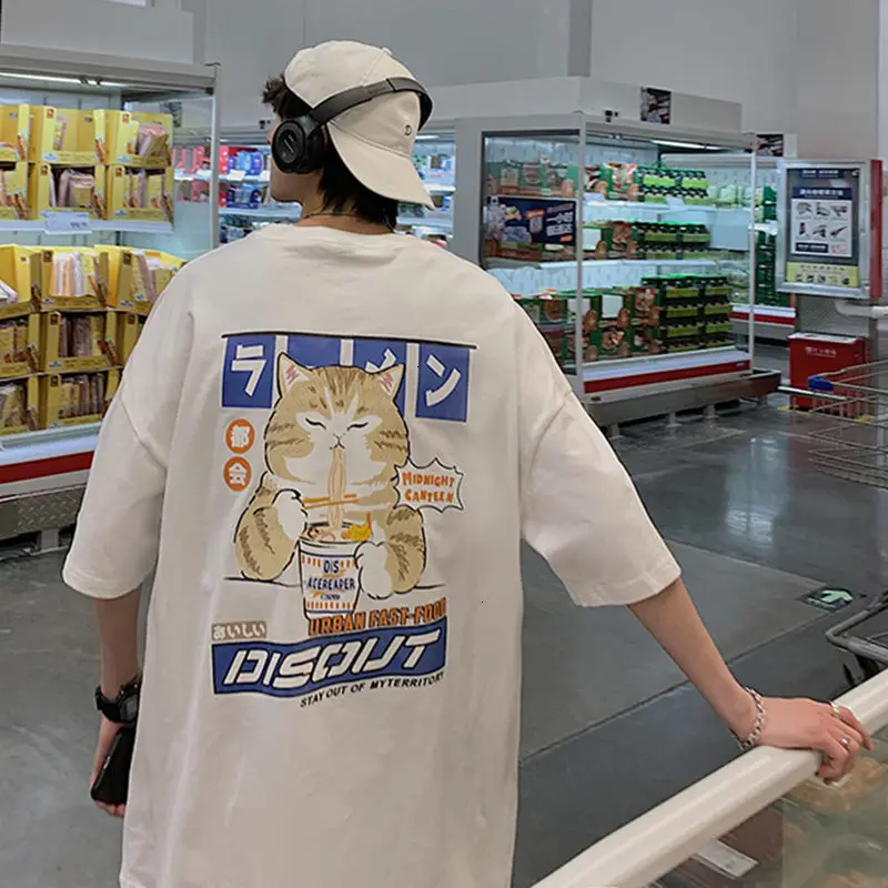 Privathinker-Camiseta con estampado de gato para hombre, camisa informal holgada de manga corta, estilo japonés, ropa de gran tamaño 1
