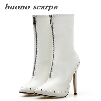 

Large size women's boots pointed rivets black and white women's boots Knight boots in the boots