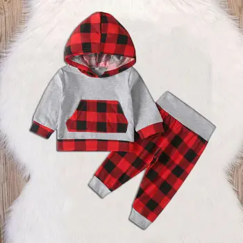 オンライン 新生児服2個長袖フード付きトップス長袖トレーナー + ロング格子縞のパンツ幼児服服セット