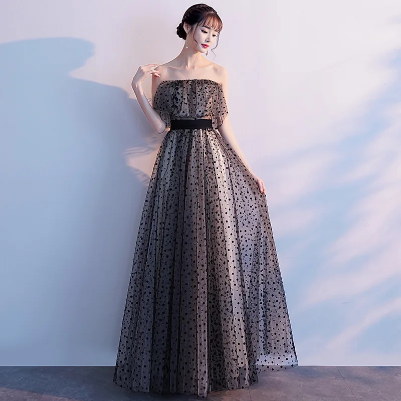 Элегантное вечернее платье полной длины, Qipao, сексуальное платье с отверстиями, новинка, в горошек, для девушек, Сетчатое, без бретелек, макси платье, Robe De Soiree