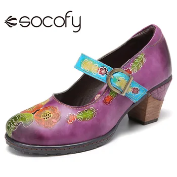 

SOCOFY Women Retro Style Leather Floral Pattern Pump Slip On Block Heel Mary Jane Casual Daily Pumps Party Dress Shoes 2020