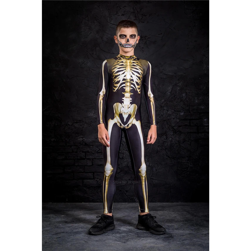 Halloween Cosplay Jumpsuit Gold Skeleton Women Kids Scary Costume Man Fancy Day of The Dead Family Carnival Party Devil
