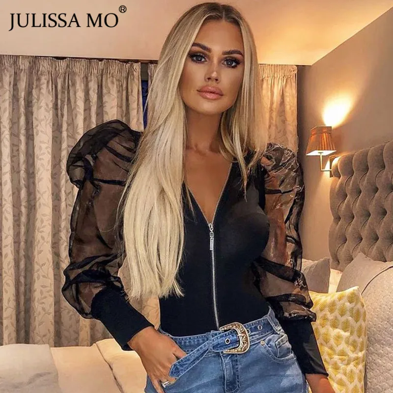 Julissa mo черное Сетчатое боди с пышными рукавами женские сексуальные боди с длинным рукавом на молнии элегантные женские облегающие вечерние комбинезоны с v-образным вырезом