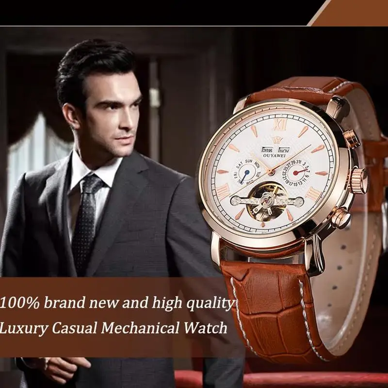 Hot Sale OUYAWEI Leather Automatic Multi-function Men's 30m Waterproof Mechanical Watch Luxury Brand Men Fashion Watches