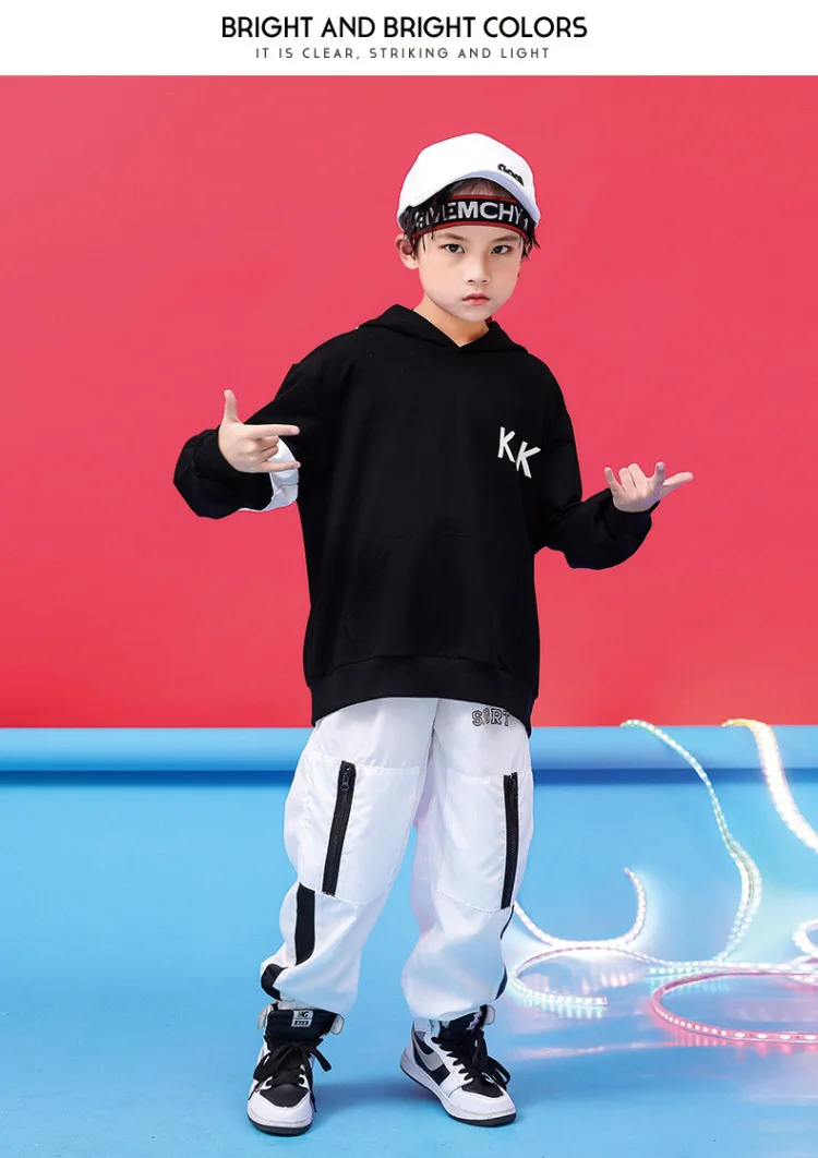 Детская одежда в стиле хип-хоп; черно-белые толстовки с капюшоном; толстовка; Топ; пуловер; повседневные штаны для бега; танцевальные костюмы для мальчиков и девочек; одежда