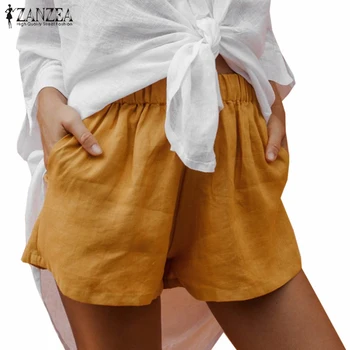 

S 5XL 2020 Summer Solid Party Shorts Women Wide Leg Short ZANZEA Elastic High Waist Cotton Hot Short Female Mini Button Trousers