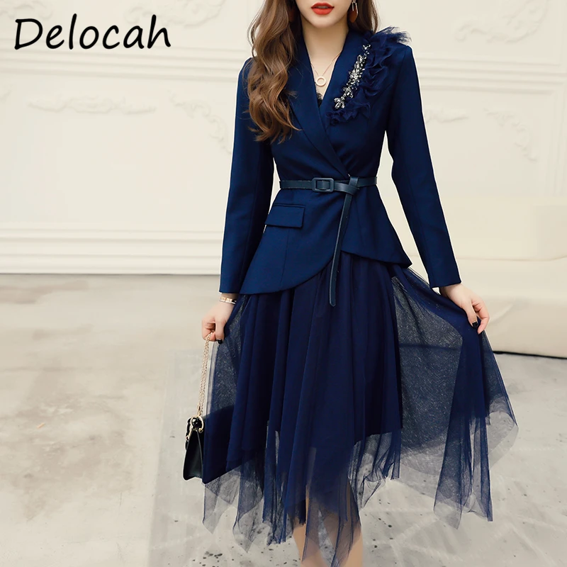 

Delocah Women Autumn Fashion Designer Skirts Set Long Sleeve Asymmetrical Tops + High Waist Mesh Skirts 2 Two Pieces Suits 2020