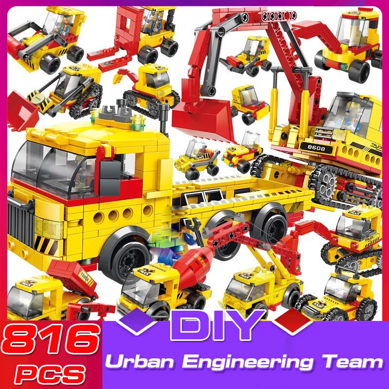 

DIY 816 PCS Children's Educational Toy Urban Engineering Vehicle Assembly Building Block Crane Excavator Boy Gift