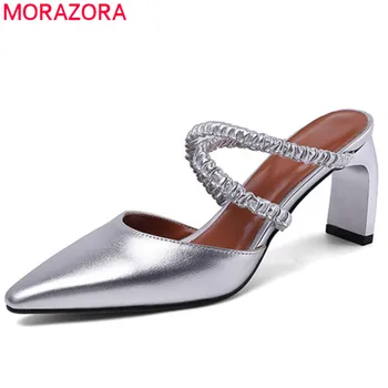 

MORAZORA 2020 new fashion square high heels ladies sandals genuine leather shoes pointed toe slip on summer women sandals