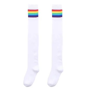 

Soft Fashion Spring Autumn School Gift Non-Slip Women Socks Over Knee Elastic Daily Wear Rainbow Striped Adult Thigh High