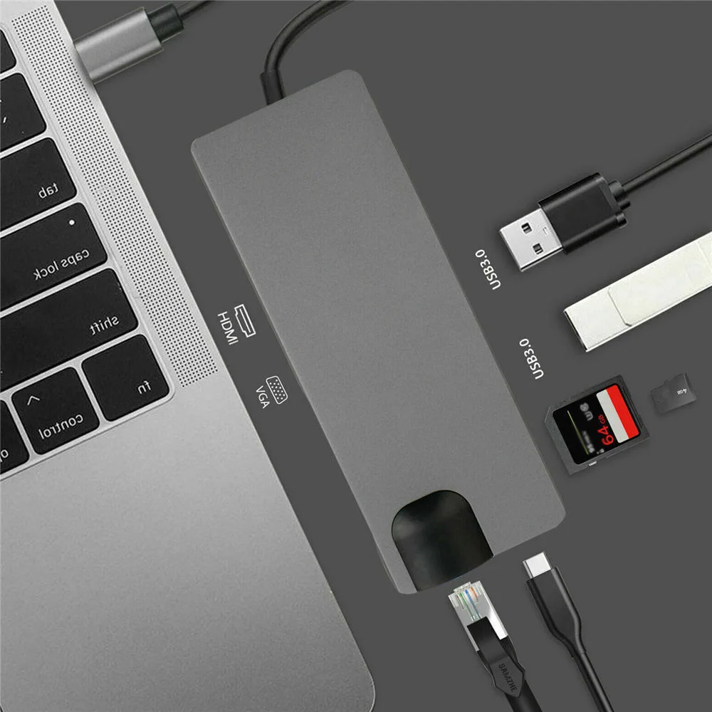 USB C концентратор USB3.0 HDMI VGA RJ45 Gigabit Ethernet SD/TF порт конвертер 8 в 1 и высококачественный