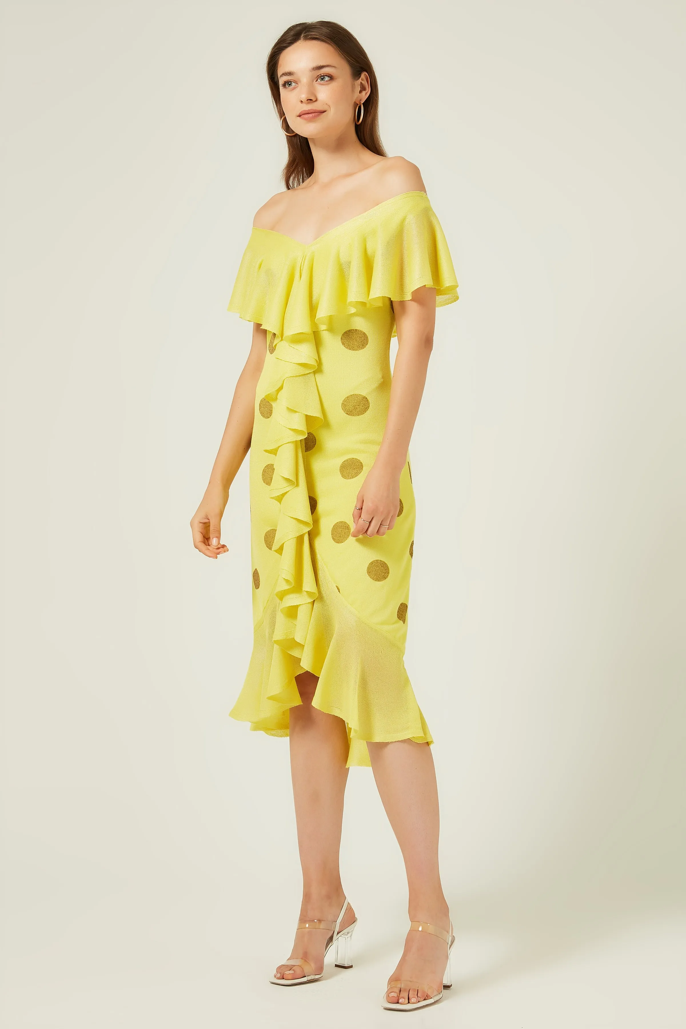 

V-NECK FRILLY POLKA DOT PRINTED ASTARLI KNITWEAR DRESS