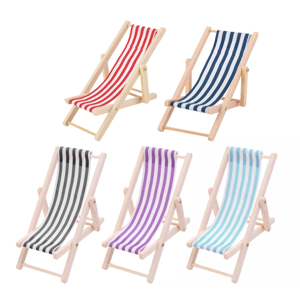 5pcs Striped Wooden Lounge Chair Deckchair for 1/12 Dollhouse Miniature Furniture Toys