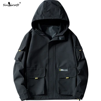 

New Arrival 100% Polyester Big Pockets Jacket Men Zipper Soild Safari Style Streetwear Coat Male Spring Autumn Fashion Clothing