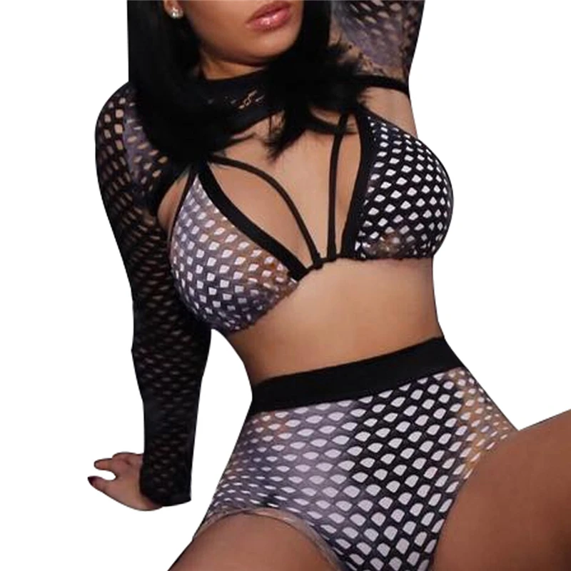 

Hollow Out Mesh Sexy Swimwear 3 Pieces Set Long Sleeve See Through Swimsuit Lace Up Bra Top Thong Panty Women Beach Bathing Suit