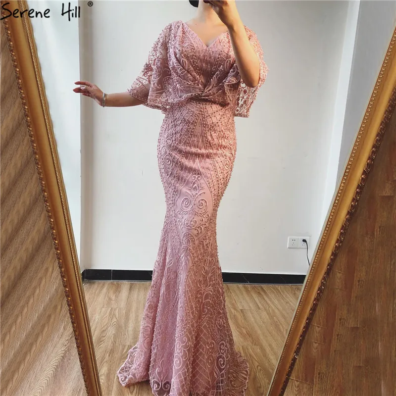 Дубай, розовые вечерние кружевные платья с v-образным вырезом и жемчугом,, половинные рукава, Русалка, сексуальные элегантные вечерние платья LA70156