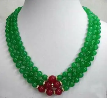 

Beautiful Hand Made 8mm Genuine Green Emerald & Red Ruby 3 Rows Necklace AAA+