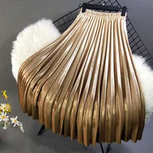 Новая Осенняя юбка бархатная Пышная юбка металлическая цветная яркая шелковая длинная градиентная бархатная плиссированная юбка с принтом бронзового цвета