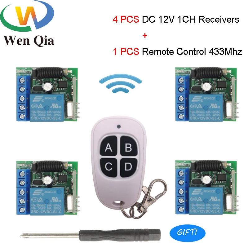 

433 Mhz Universal Wireless Remote Control Switch DC 12V 1CH Relay Receiver Module and 1 RF Transmitter 4 Receivers LED LAMP& DIY