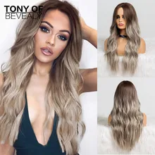 Длинные волнистые Омбре коричневый блонд синтетические парики для афроамериканских женщин термостойкие волокна средняя часть косплей парики