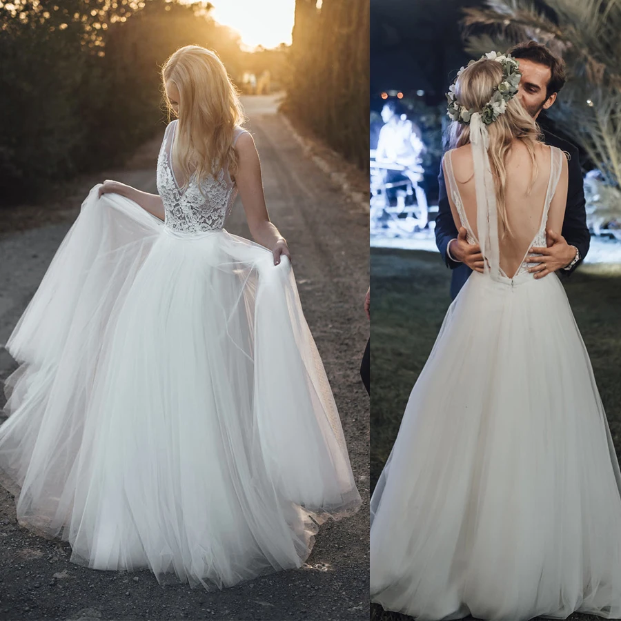 

V-neck Bohemia Backless Lace and Tulle A-line See Through Wedding Dress Floor Length Bridal Dress vestido de noiva praia