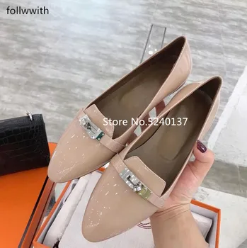 

Metal Decoration Patent Leather Women Flats Pointed Toe Slip-on Designer Flat Massage Loafers Woman zapatos de mujer