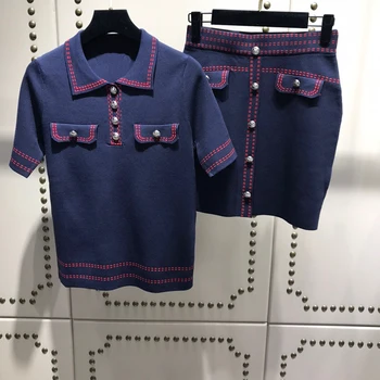 

Women Skirt Set Knitted T-Shirt And Mini Skirt Ladies Suit High Quality 2 Piece Sets