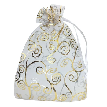 

50pcs 5x7 Inches Drawstrings Organza Gift Candy Bags Wedding Favors Bags(White + Gold)