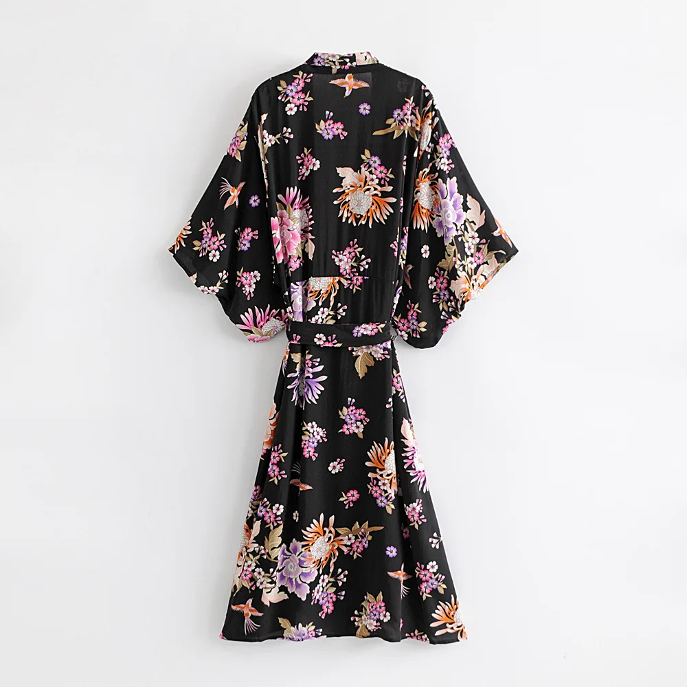 

2019 Western Style Spring And Summer WOMEN'S Dress New Style Printed Black Bohemian Printed Nightgown Kimono
