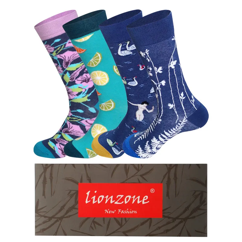 C5-Box LIONZONE, 4 пар/лот, весна, Новое поступление, носки для мужчин, художественный стиль, уличная мода, хип-хоп дизайн, счастливые носки+ Бесплатный подарок - Цвет: C5-Box