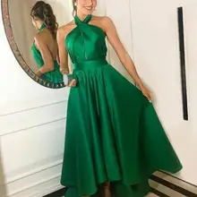 Long Satin Green Mother of  the Bride Dresses with Pockets A-Line Halter Wedding Party Dresses for Women