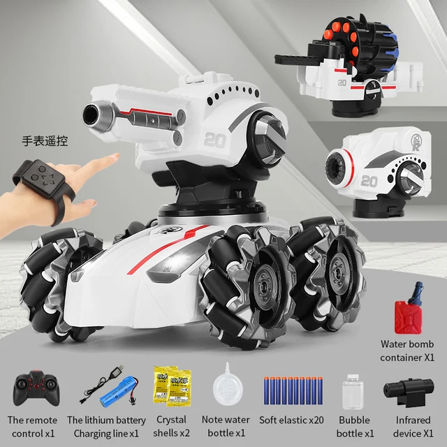 3 in 1 Remote Watch Somatosensory Double Control RC Shooting Tank Water Bomb Soft Bullet Bubble Light Spray Induction Stunt Car