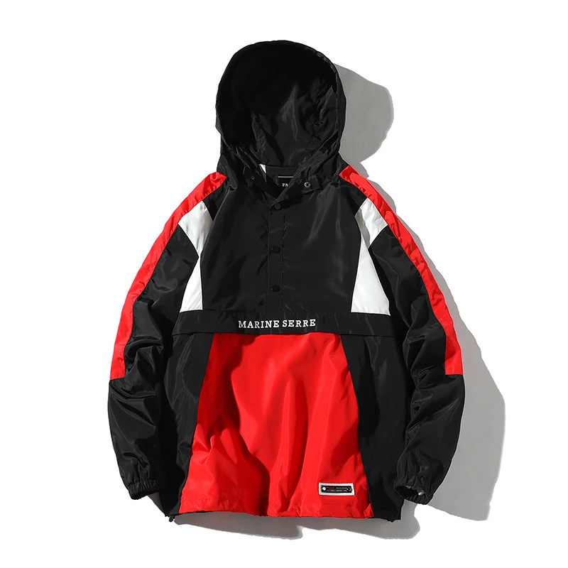 

2019 Hooded Jackets Men New Patchwork Color Block Pullover Jacket Fashion Tracksuit Coat Men Hip Hop Streetwear Jacket Men