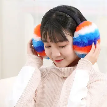 

Women Winter Fluffy Plush Earmuffs Rainbow Colorful Stripes Collapsible Headband