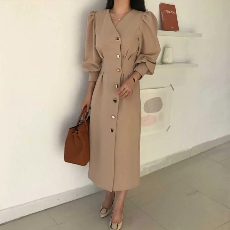 Vintage Elegant Dresses 2020 Autumn Women One-Piece Single-Breasted V-Neck Waist Dress Korean OL Office Long Sleeve Dress Female