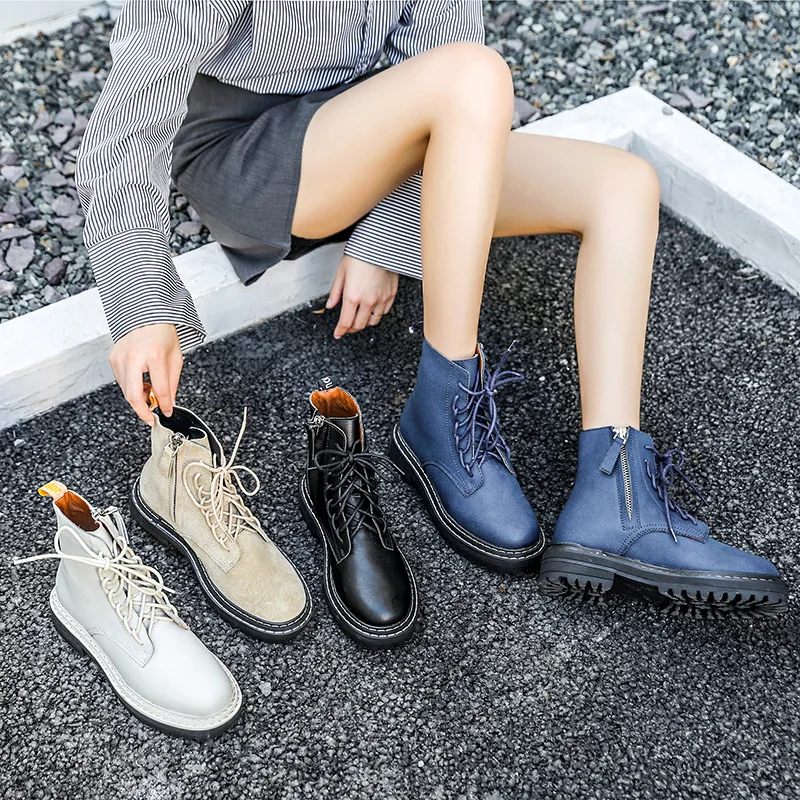 

Women Boots Fashion Platform Wild 2019 Winter Leather Warm High Quality Solid Color Plaid Mid Motorcycle Female Boots Women
