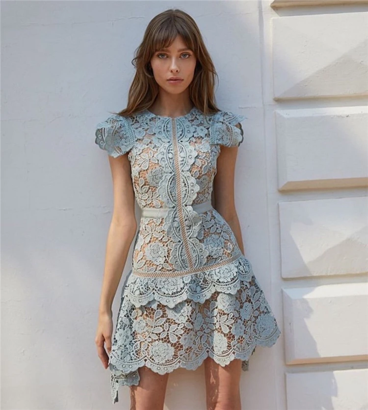 Новинка 2021 летнее женское платье голубое зеленое кружевное повседневное модное