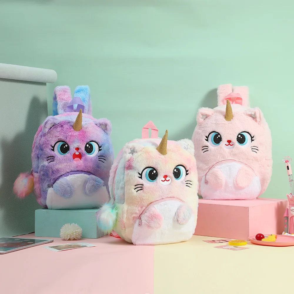 

New Style Girls Cute Soft Cartoon Tie Dyed Kindergarten Kids School Bags Small Daycare Plush Cat Unicorn Backpack Wholesale