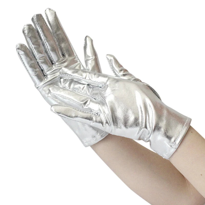 1Pair Silver Sexy Wrist Length Latex Gloves Evening Party Stage Performance Mittens Women Wet Look Fake Leather Gold Glove
