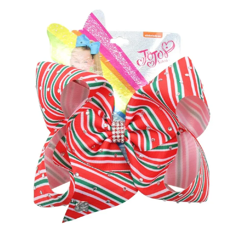 

7" Large jojo Bows Hair Bows for Girls Clips Christmas Striped Print Ribbon Rhinestone Bowknot Hairgrips Party Kids Headwear