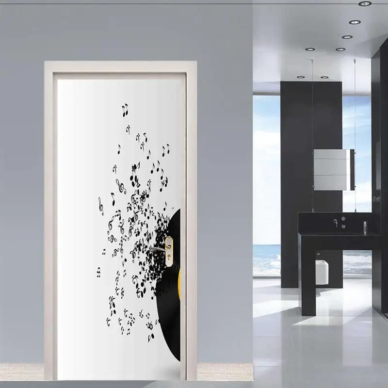 PVC Door Sticker 1pc Creative Music Pattern Removable Waterproof Self Adhesive Door Mural Decals Home Decoration