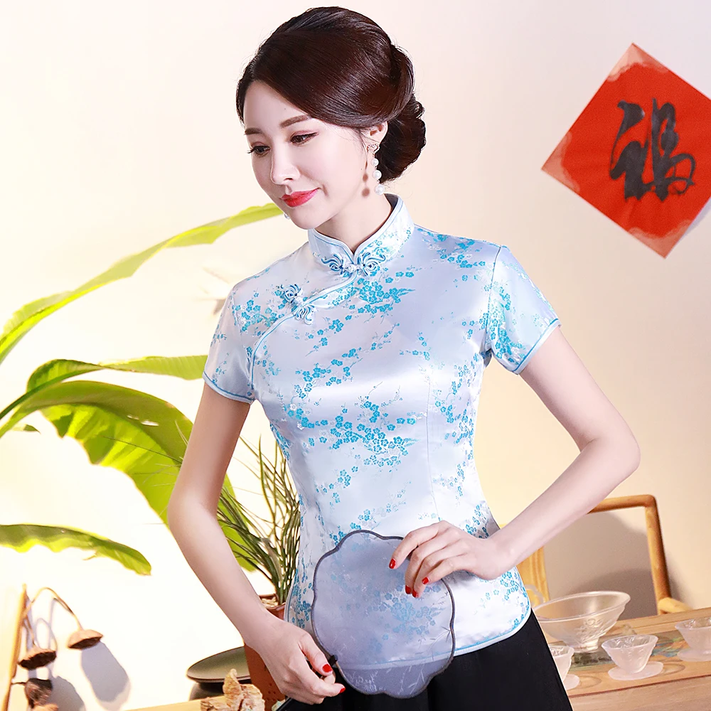 4XL Vintage Flower Women Chinese Traditional Satin Blouse Summer Sexy Shirt Dragon Clothing chinese dress