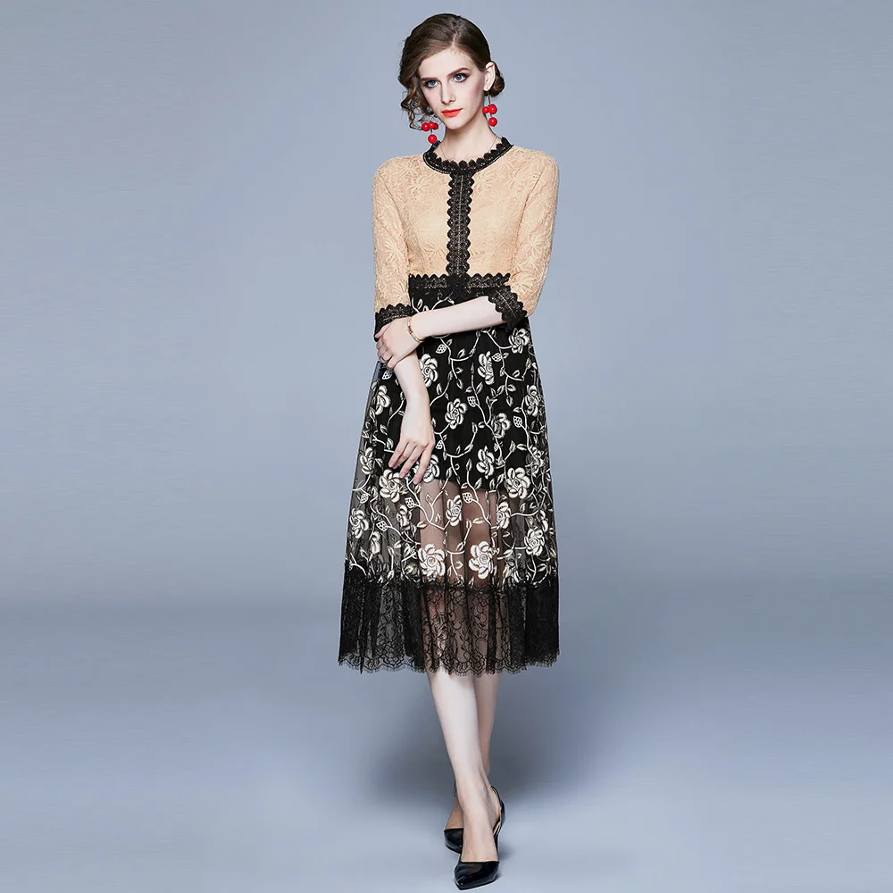Роскошное женское кружевное длинное повседневное платье, новая весенняя мода, уличная мода, стиль пэчворк, элегантное ТРАПЕЦИЕВИДНОЕ женское платье для вечеринок S101