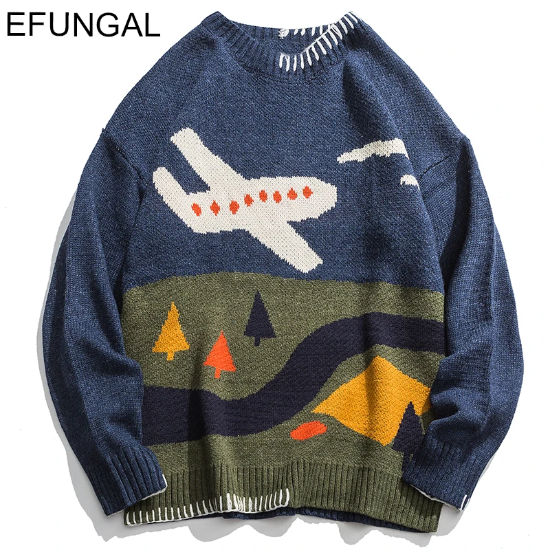 

EFUNGAL Airplane Print Sweaters Men Pullover Hip Hop Streetwear Knitting Man Outwear Winter Skateboard Knitwear Computer Knitted
