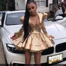 V-образный вырез с длинными рукавами и золотым полным блестками подплечником короткие платья для выпускного вечера Коктейльные Вечерние платья Вечернее платье Вечерние