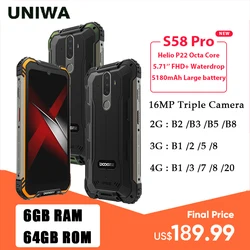 DOOGEE S58 Pro IP68/IP69K водонепроницаемый прочный телефон 6 ГБ + 64 ГБ Android 10 Мобильный телефон NFC Смартфон 5180 мАч 5,71 дюймFHD + дисплей
